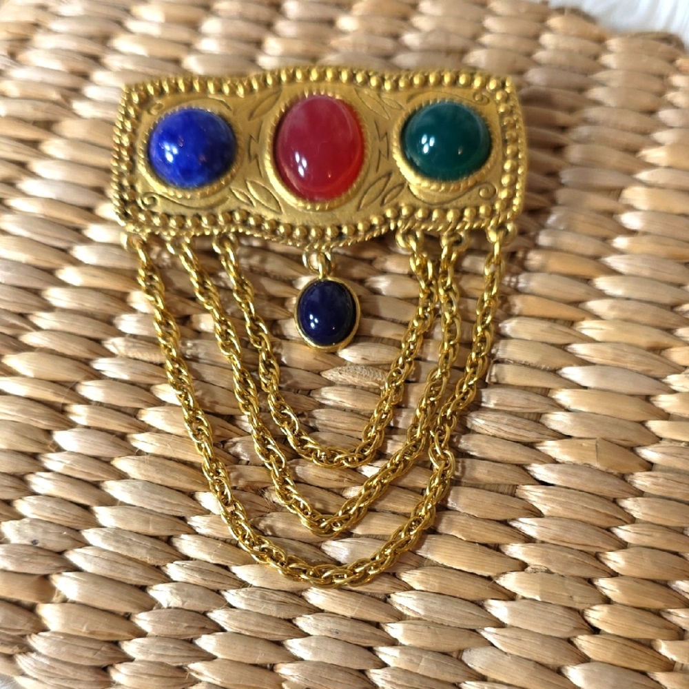 Vintage Cabochon Bar Brooch with Red, Blue, and Green Stones